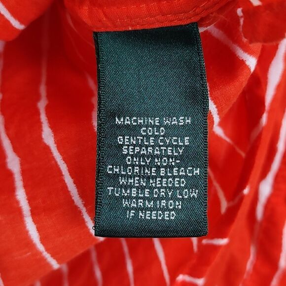 Lauren Ralph Lauren Orange and White Striped Roll Tab Sleeve Button Down Blouse - Picture 8 of 11